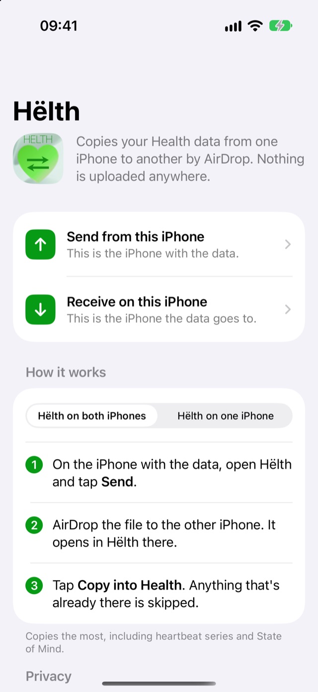 Hëlth's home screen: Send from this iPhone, Receive on this iPhone, and the steps for each way