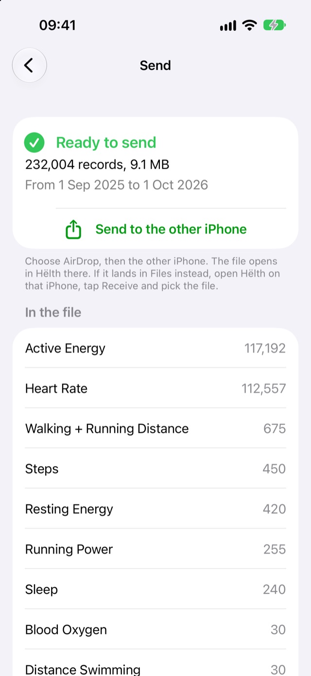 Send: ready to send, with the number of records and the dates they cover